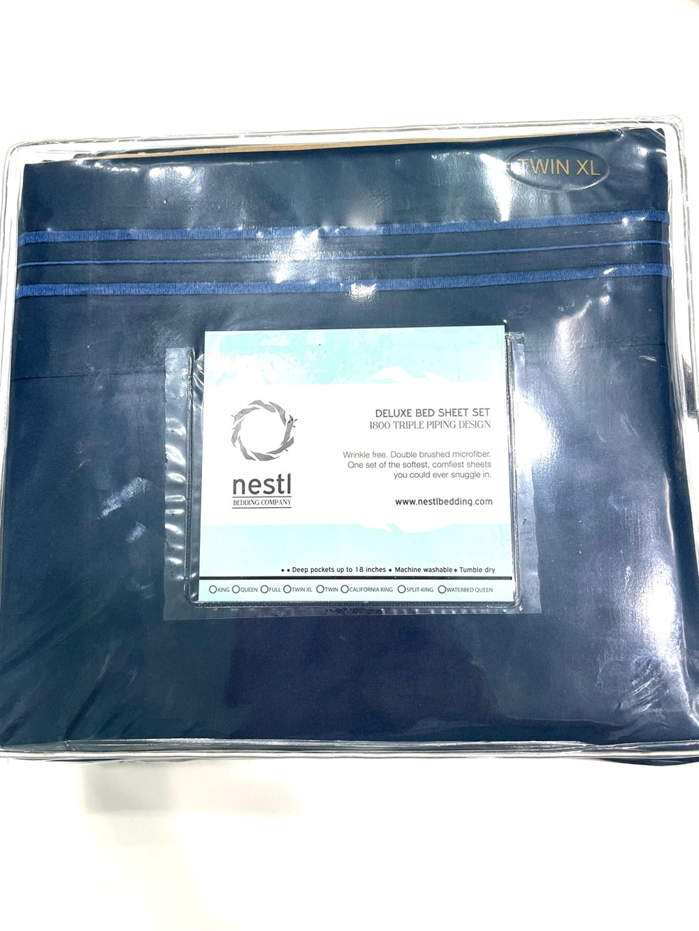 Nestl Deluxe Twin XL Bed Sheet Set in Deep Navy with Triple Piping